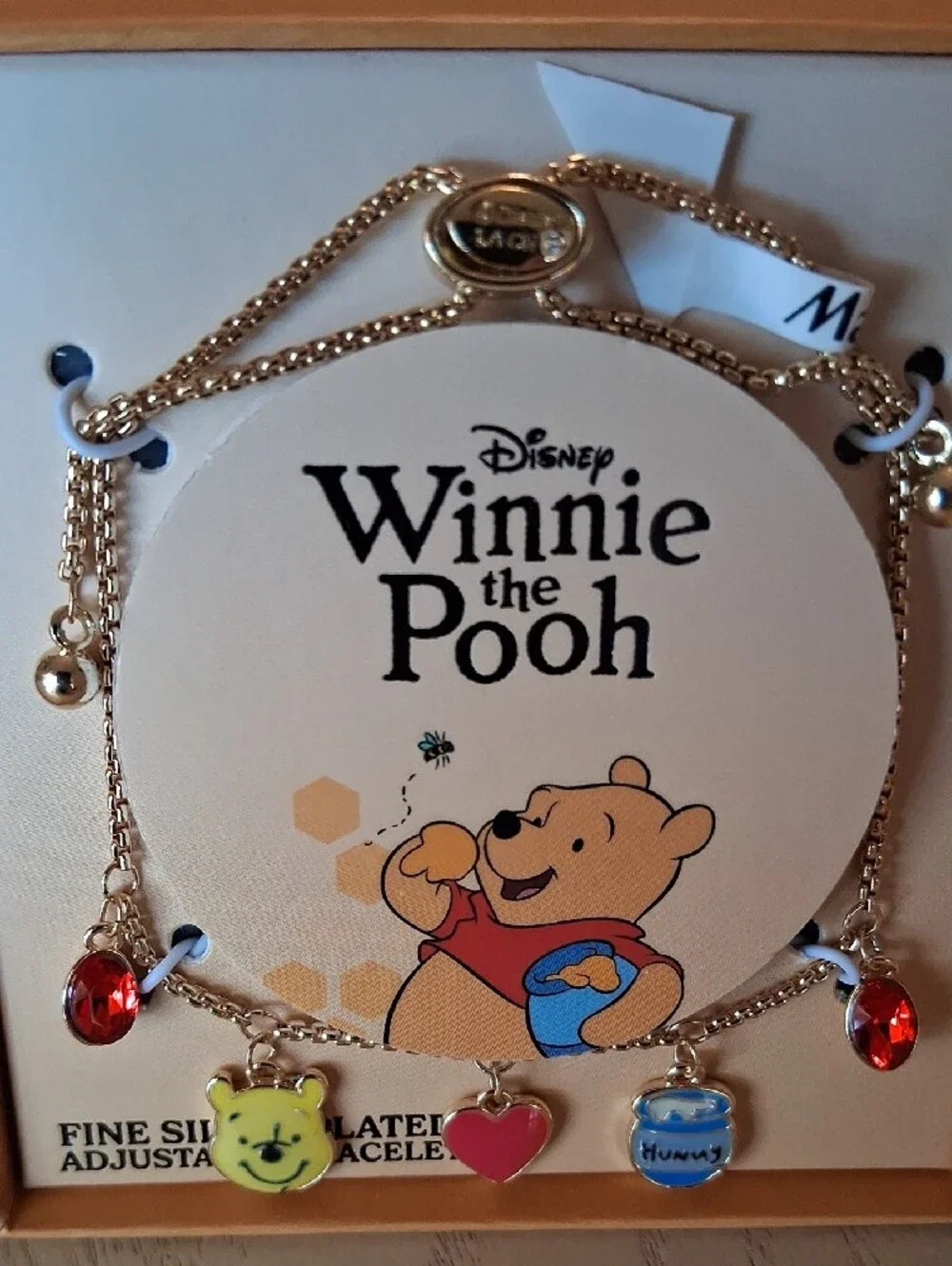 Disney Winnie the Pooh Gold Charm Bracelet W/ Red & Blue Accents.NWT. Super Cute